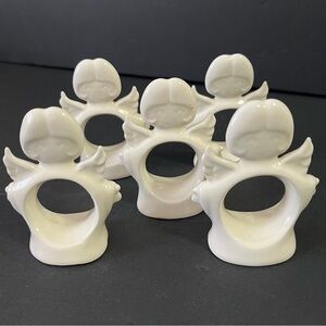 Vintage White Ceramic Angel Christmas Napkin Rings Holders Kitsch Retro MCM 5x